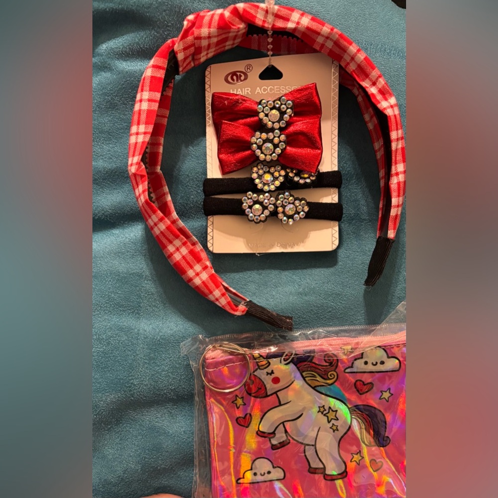 Red and Black Kids Hair Accessory Set with Unicorn Purse
